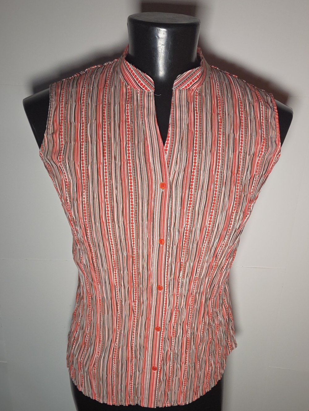 East 5th Women's XL Crinkle Sleeveless Blouse Striped Button Up Orange Brown